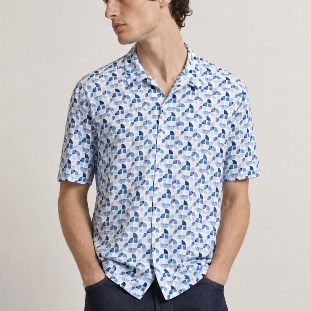 A.P.C. Men's Chemisette Leandre Short Sleeve Button up Shirt Blue sz 2XL